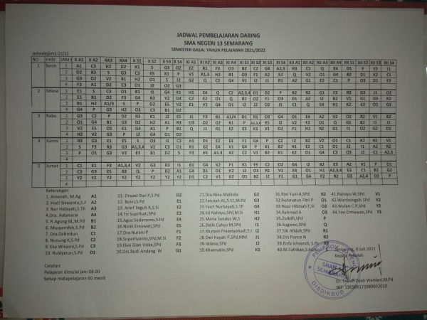 Jadwal Pembelajaran Daring SMAN 13 Semarang Semester Gasal Tahun Pelajaran 2021/2022