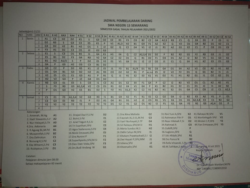 Jadwal Pembelajaran Daring SMAN 13 Semarang Semester Gasal Tahun Pelajaran 2021/2022