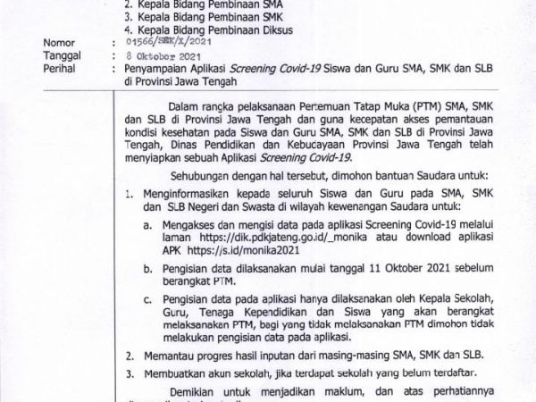 Penyampaian Aplikasi Screening Covid-19 Siswa dan Guru SMA, SMK dan SLB Provinsi Semarang