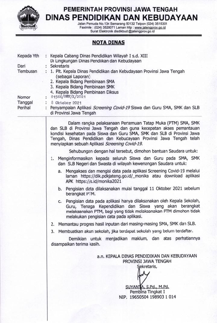 Penyampaian Aplikasi Screening Covid-19 Siswa dan Guru SMA, SMK dan SLB Provinsi Semarang