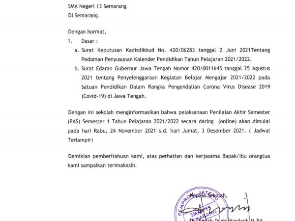 Pemberitahuan PAS Semester Ganjil Tahun Ajaran 2020/2021