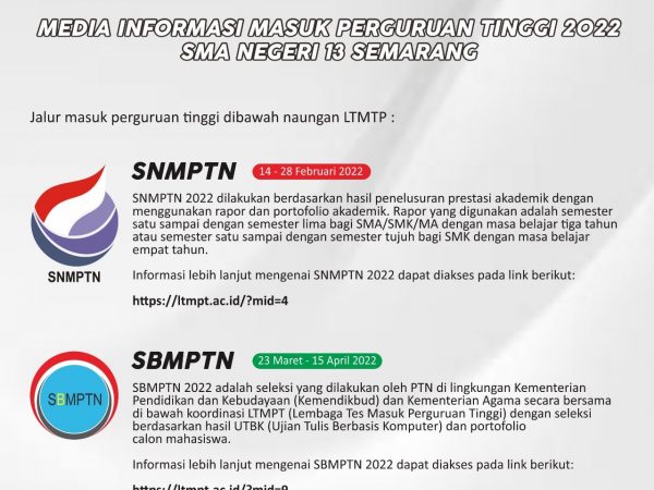 Alternatif Masuk PTN Selain SNMPTN SMAN 13 Semarang 2022