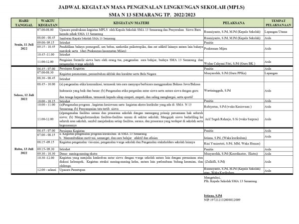 Jadwal Pelajaran SMAN 13 Semarang TP 2022/2023