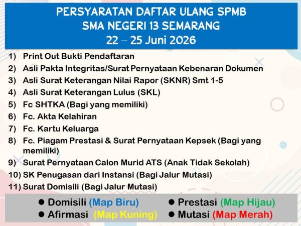 Pengumuman Hasil Seleksi SPMB dan Daftar Ulang Peserta Didik Baru SMA Negeri 13 Semarang Tahun Pelajaran 2026/2027 Pengumuman Hasil Seleksi SPMB dan Daftar Ulang Peserta Didik Baru SMA Negeri 13 Semarang Tahun Pelajaran 2026/2027